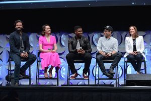 Actors Oscar Isaac, Daisy Ridley, John Boyega, director J.J. Abrams, and producer Kathleen Kennedy